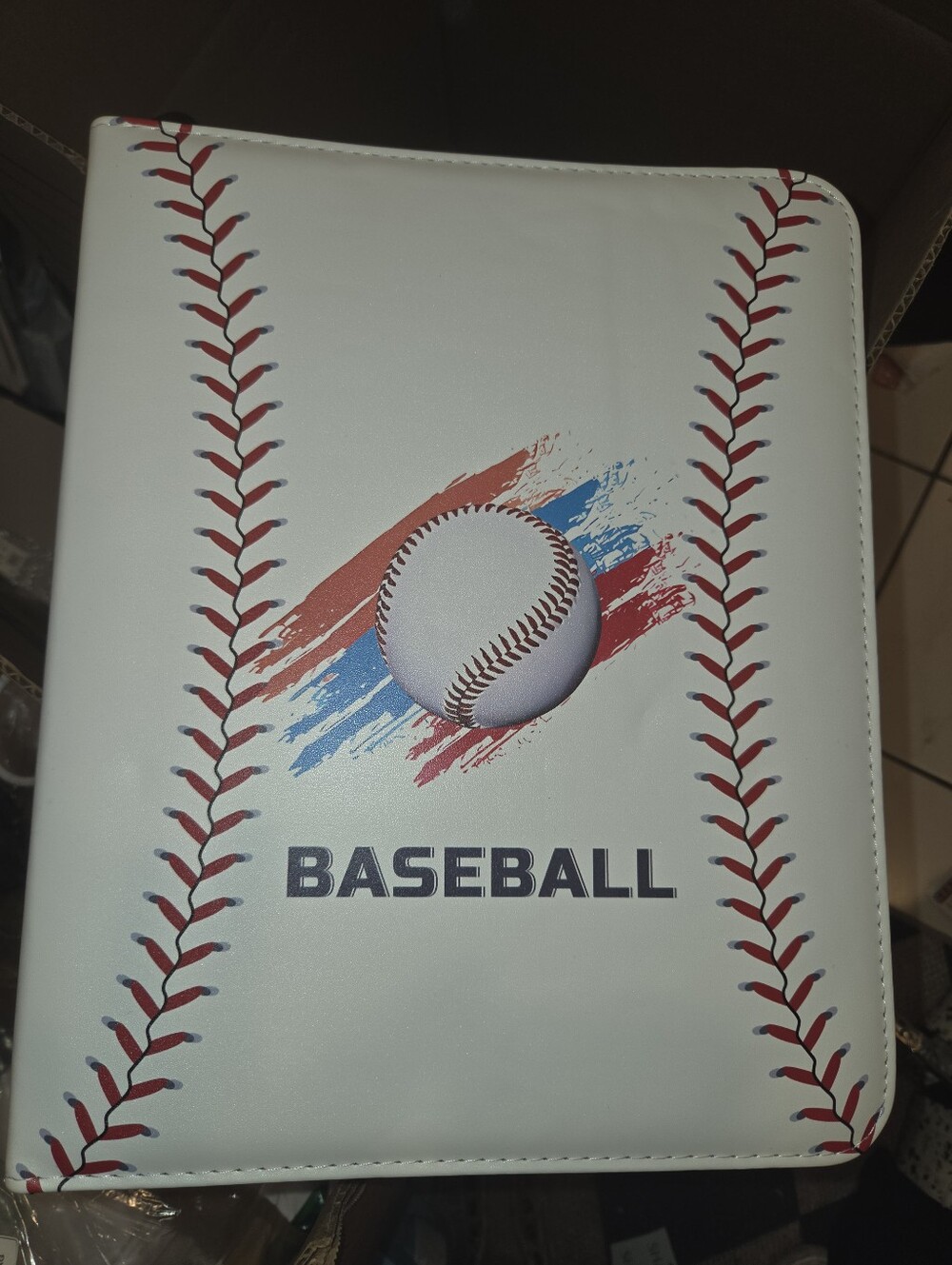 White Baseball Graphic Card Binder with Red Stitching
